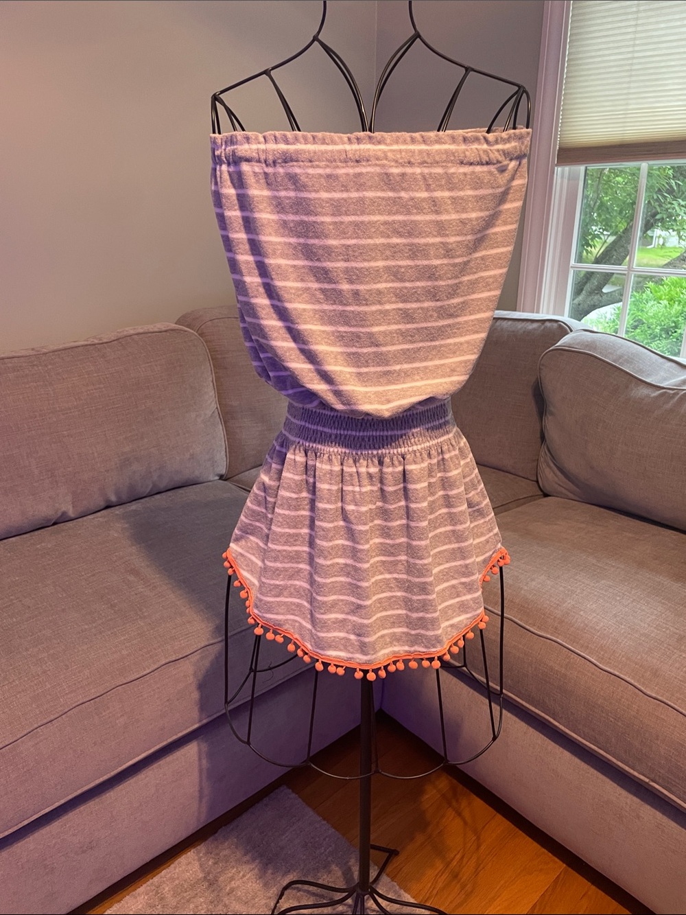 NATURAL LIFE grey and white Stripe Swim Coverup with coral Pom Trim